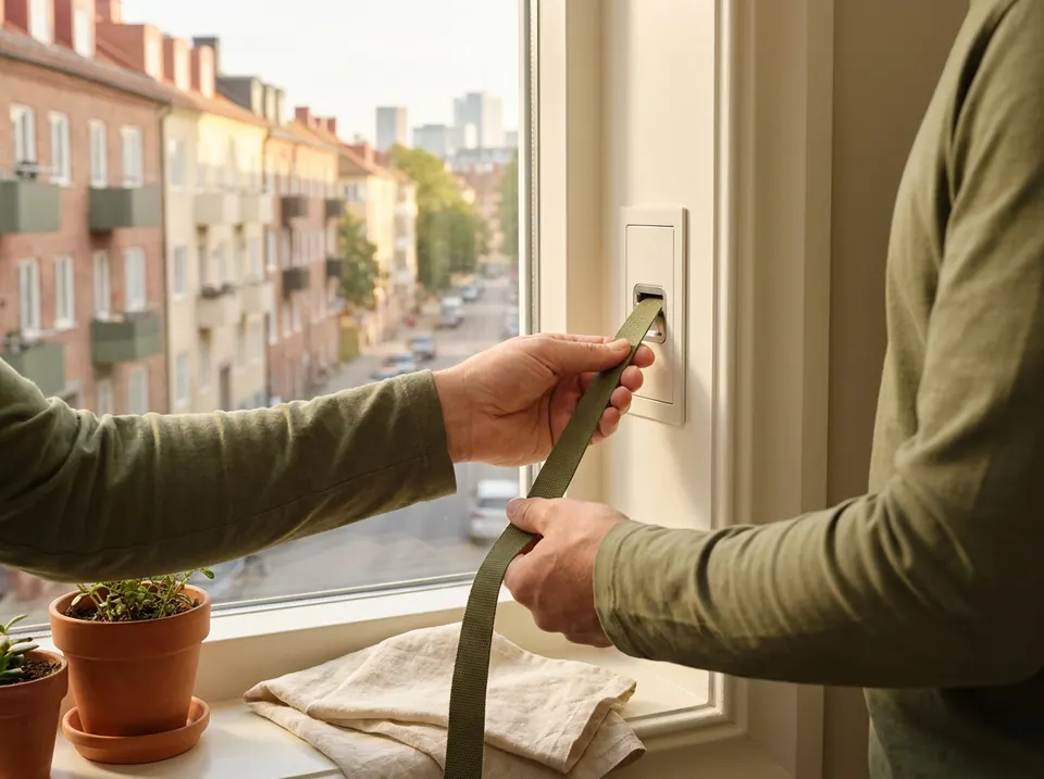 Manos pasando una cinta nueva junto al recogedor empotrado de una ventana