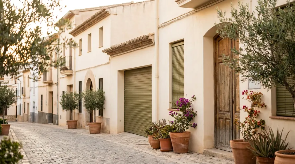 Calle empedrada de casas bajas encaladas con persianas enrollables y macetas