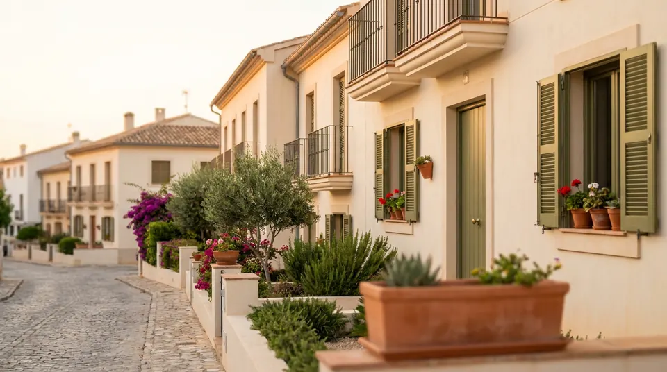 Calle de casas bajas con balcones, contraventanas verdes y macetas con flores