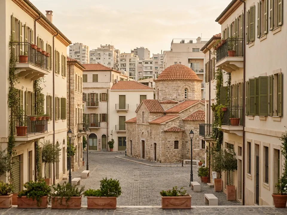 Calle de un casco urbano con balcones, macetas y una iglesia de cúpula al fondo